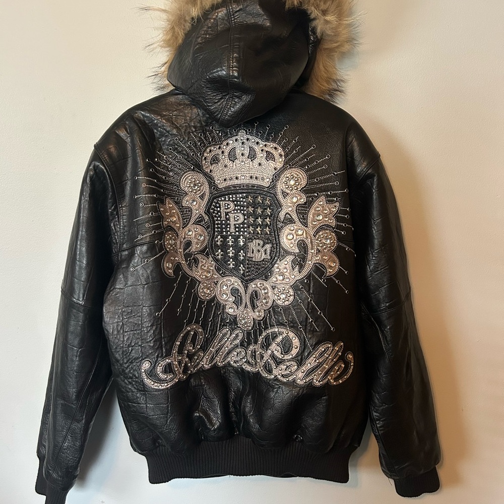 Pelle Pelle Black and Silver Bomber Jacket with Ornate Crest